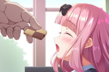 Rule 34 | 1girl, 1other, :o, black ribbon, blunt bangs, blush, closed eyes, cookie, food, fujiwara chika, gn2, hair ribbon, happy, highres, indoors, kaguya-sama wa kokurasetai ~tensai-tachi no renai zunousen~, long hair, open mouth, pink hair, profile, ribbon, sidelocks, smile, solo focus, tree, window