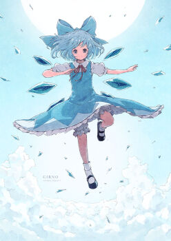 1girl black_shoes bloomers blue_bow blue_dress blue_eyes blue_hair bow character_name cirno cloud dress flying frills hair_bow ice ice_wings mary_janes red_bow revision satyuas shoes short_hair short_sleeves sky socks solo sun touhou underwear white_socks wings