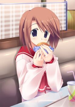 1girl blue_eyes booth_seating brown_hair burger commentary_request cup disposable_cup drinking_straw eating elbow_rest food holding holding_burger holding_food indoors kazumu komaki_manaka long_sleeves school_uniform serafuku short_hair solo to_heart_(series) to_heart_2