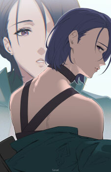 1girl back bare_shoulders black_choker blue_hair choker commentary_request fire_emblem fire_emblem:_three_houses from_behind furo_atsushi green_shirt hair_over_one_eye highres looking_at_viewer looking_back multiple_views nintendo purple_eyes shamir_nevrand shirt short_hair solo undressing upper_body