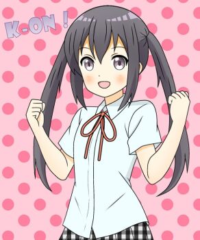 ! 1girl black_hair blush copyright_name dot_nose eri_mentai feet_out_of_frame female_focus hair_between_eyes k-on! long_hair looking_at_viewer nakano_azusa open_mouth polka_dot polka_dot_background ribbon school_uniform shirt skirt standing twintails white_shirt