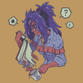 1girl ? anger_vein blue_shirt book brown_hair cup glasses hair_ornament holding holding_book holding_cup jess_(charbon_et_eau) long_hair nintendo open_book pokemon pokemon_sv ponytail purple_hair raifort_(pokemon) shirt simple_background solo speech_bubble spoken_anger_vein upper_body