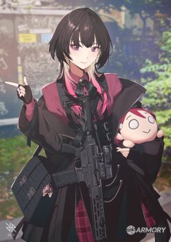 1girl artist_logo artist_self-insert bag black_gloves black_hair black_jacket black_ribbon blonde_hair character_doll collared_shirt commentary doll english_commentary fingerless_gloves gloves gradient_hair gun highres hiroki_ree holding holding_doll jacket logo looking_at_viewer love_live! love_live!_sunshine!! multicolored_hair neck_ribbon nesoberi off_shoulder original outdoors pink_hair plaid_clothes plaid_skirt purple_eyes red_shirt red_skirt ribbon rifle sakurauchi_riko shirt short_hair shoulder_bag skirt smile solo weapon weapon_request