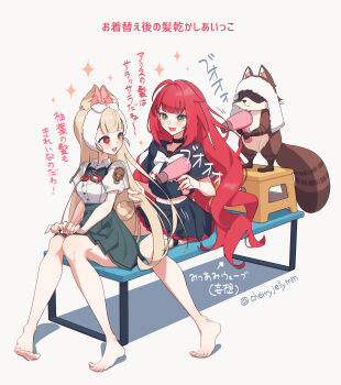 2girls alice_thymefield animal_ears black_shirt blonde_hair breasts drying drying_hair green_eyes hair_down hair_dryer hetero highres kamanosuke_(zenless_zone_zero) large_breasts long_hair miri_(cherryjelly) multiple_girls rabbit_ears rabbit_tail raccoon red_eyes red_hair shirt tail twitter_username ukinami_yuzuha very_long_hair white_shirt yellow_eyes zenless_zone_zero