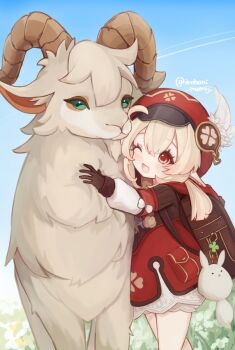 1girl ;d animal animal_hug artist_name backpack bag bag_charm blonde_hair bloomers blue_sky blush bow brown_bag brown_gloves charm_(object) clover_print coat commentary_request cowboy_shot day dodoco_(genshin_impact) dress eyelashes genshin_impact gloves goat grass hair_between_eyes hat hat_feather highres irohani_momiji klee_(genshin_impact) long_hair long_sleeves low_twintails newsboy_cap one_eye_closed open_mouth outdoors pocket pointy_ears randoseru red_coat red_eyes red_hat sidelocks sky smile solo standing twintails twitter_username underwear white_bloomers white_bow white_dress
