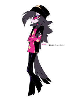 1girl absurdres beak beanie black_boots black_hat black_jacket boots choker closed_mouth colored_sclera commentary_request crossed_arms dress eyeshadow feathers fewer_digits fingerless_gloves flat_chest from_side frown full_body furry furry_female gloves grey_gloves grey_hair hat hellaverse helluva_boss high_heel_boots high_heels highres jacket knees_together_feet_apart layered_sleeves long_hair long_sleeves makeup menma_(enaic31) no_pupils octavia_(helluva_boss) open_clothes open_jacket owl_girl pink_choker pink_dress pink_sclera profile purple_eyeshadow short-sleeved_jacket short_dress short_over_long_sleeves short_sleeves signature simple_background solo standing standing_on_one_leg star_(symbol) star_print translation_request very_long_hair white_background white_eyes