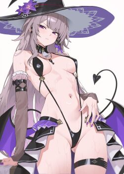 1girl absurdres alternate_costume ascot bare_shoulders black_hat black_slingshot_swimsuit blush breasts breasts_apart brown_hair closed_mouth commentary fingernails flower grey_background groin hair_ribbon hat hat_flower herta_(honkai:_star_rail) highres honkai:_star_rail honkai_(series) jewelry key key_necklace long_hair looking_at_viewer medium_breasts nail_polish navel necklace nvl purple_eyes purple_flower purple_nails purple_ribbon ribbon simple_background slingshot_swimsuit solo stomach sweat swimsuit the_herta_(honkai:_star_rail) thigh_strap thighs very_long_hair white_ascot witch_hat