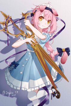 absurdres animal_ears arknights black_bow black_hairband black_shoes blue_dress bow braid buttons chinese_commentary closed_mouth commentary_request dress foot_out_of_frame frilled_dress frilled_sleeves frills gold goldenglow_(arknights) grey_background hairband highres holding holding_scissors itsuka_(pixiv90988220) leg_up long_hair looking_at_viewer maid_headdress oversized_object pink_hair pink_tail puffy_short_sleeves puffy_sleeves scissors shadow shoes short_sleeves smile standing standing_on_one_leg tail tail_bow tail_ornament thighhighs white_thighhighs yellow_eyes