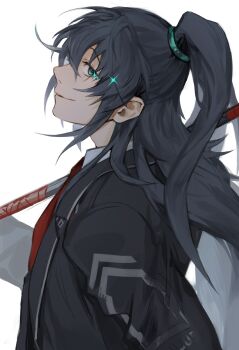 1boy androgynous black_hair black_jacket closed_mouth from_side hashtag-only_commentary high_ponytail highres holding holding_weapon hong_lu_(project_moon) jacket limbus_company looking_at_viewer male_focus necktie ponytail project_moon red_necktie shirt smile solo sparkle standing tachinami weapon white_background white_shirt