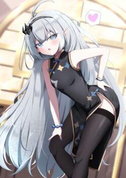 1girl absurdres ahoge alternate_costume black_dress black_hairband black_thighhighs blue_eyes blue_nails blurry blurry_background bracelet breasts china_dress chinese_clothes commentary_request dress extra_pupils female_tyrant_(stella_sora) grey_hair hair_ornament hairband hand_on_own_hip hand_on_own_knee heart highres jewelry kamesys leaning_forward light_blush long_hair nail_polish open_mouth pointy_ears scrunchie sleeveless sleeveless_dress small_breasts solo spoken_heart standing star_(symbol) star_print stella_sora thighhighs tyrant_(stella_sora) very_long_hair watermark wrist_scrunchie