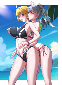 2girls absurdres bikini black_bikini blonde_hair blue_eyes breasts cleavage ear_licking fiora_(xenoblade) grabbing_another&#039;s_breast green_eyes grey_hair groping head_wings heart highres large_breasts licking medium_breasts melia_antiqua mercury_xeno multiple_girls outdoors swimsuit water white_bikini wings xenoblade_chronicles_(series) xenoblade_chronicles_1 yuri