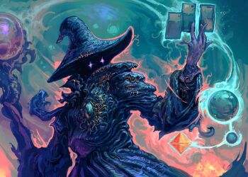 1other blue_mage_(inscryption) carpet_crawler commentary english_commentary floating glowing glowing_eyes hat holding holding_staff inscryption levitation mage_staff magic official_art purple_eyes solo staff trading_card witch_hat wizard