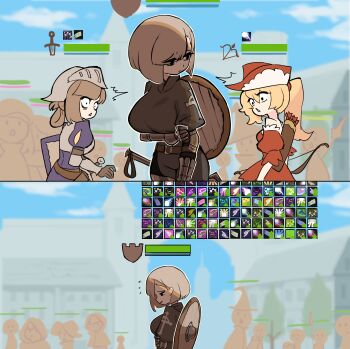 3girls absurdres arm_under_breasts blonde_hair bow breasts brown_hair centurii-chan character_class cleric commentary embarrassed english_commentary flying_sweatdrops hat health_bar helmet highres knight large_breasts mmorpg multiple_boys multiple_girls original polearm quiver ranger scabbard sheath shield spear staring sword user_interface video_game weapon wizard_hat