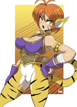 1girl absurdres animal_ears bigdead bottomless breasts breath_of_fire breath_of_fire_ii bustier capcom cat_ears cat_girl cat_tail facial_mark fingerless_gloves furry gloves highres katt no_panties orange_hair pussy katt_(breath_of_fire) tail tiger_stripes tiger_tail yellow_eyes
