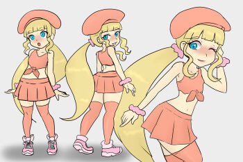 Rule 34 | 1girl, :o, arm at side, arms at sides, bare shoulders, blonde hair, blue eyes, blush, closed mouth, collarbone, cropped shirt, dixie kong, donkey kong (series), eyebrows, eyelashes, eyeshadow, feet out of frame, female focus, flat chest, from behind, from side, full body, grey background, grin, hand on own head, hand up, hat, highres, humanization, lipstick, long hair, looking ahead, looking at viewer, looking back, looking to the side, makeup, midriff, multiple views, naughty face, navel, nintendo, one eye closed, open mouth, orange hat, orange shirt, orange skirt, orange thighhighs, personification, pink eyeshadow, pink lips, pink shoes, ponytail, principenegro, shirt, shoes, sidelocks, simple background, skirt, sleeveless, sleeveless shirt, smile, sneakers, solo, standing, surprised, teeth, thighhighs, variant set, very long hair, wink