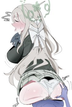 1boy 1girl absurdres age_difference ahegao blonde_hair blue_archive blush breasts clothed_female_nude_male clothed_sex clothing_aside cum cum_in_pussy doggystyle dopajiru grabbing_another's_ass grabbing_from_behind groping highres holding_another's_hair huge_breasts huge_testicles long_hair miyo_(blue_archive) nude open_mouth panties panties_aside sex sex_from_behind shota simple_background sweat testicles tongue tongue_out underwear vaginal white_background white_panties