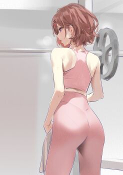 1girl bare_shoulders brown_hair exercising from_behind heavy_breathing highres higuchi_madoka idolmaster idolmaster_shiny_colors short_hair solo sweat tank_top yd_(orange_maru)