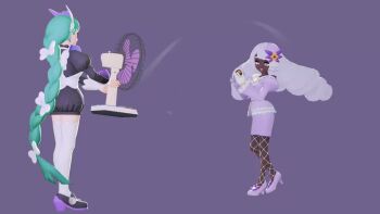 2girls 3d animated apron artist_request behind_the_scenes bow brown_eyes dark-skinned_female dark_skin dress electric_fan eyelashes fishnet_pantyhose fishnets floating_hair green_hair hair_bow hat_ornament headdress highres holding holding_poke_ball jacinthe_(pokemon) lebanne_(pokemon) long_hair luxury_ball multiple_girls nintendo open_mouth pantyhose poke_ball pokemon pokemon_legends:_z-a puffy_sleeves pun simple_background smile sweatdrop tagme tilted_headwear video white_apron