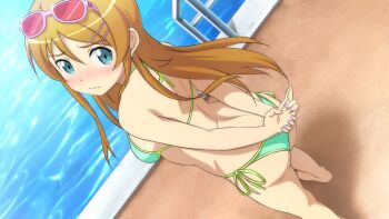 1girl :< aqua_bikini arms_behind_back ass back barefoot bikini brown_hair closed_mouth dutch_angle embarrassed eyewear_on_head frown game_cg hair_ornament hairclip halterneck kousaka_kirino long_hair looking_back official_art ore_no_imouto_ga_konna_ni_kawaii_wake_ga_nai pool pool_ladder poolside side-tie_bikini_bottom solo string_bikini sunglasses swimsuit v-shaped_eyebrows water