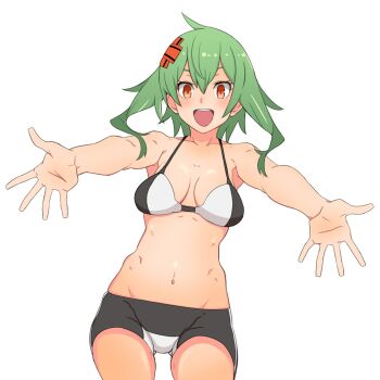 1girl :d ayu_(ddestiny944) bike_shorts black_bra black_shorts bra breasts brown_eyes cleavage digimon digimon_story:_cyber_sleuth digimon_world_re:digitize green_eyes highres medium_breasts open_mouth reaching reaching_towards_viewer shinomiya_rina short_hair shorts simple_background smile solo underwear white_background white_bra