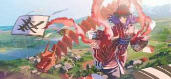 Rule 34 | 1girl, artist request, black hat, bow, building, day, floral print, frilled shawl, frilled sleeves, frills, game cg, hagoromo, hat, hat bow, japanese clothes, kimono, kite, long hair, long sleeves, nagae iku, non-web source, official art, outdoors, outstretched arms, pink shawl, print kimono, purple hair, red bow, red eyes, red kimono, river, second-party source, shawl, solo, spread arms, touhou, touhou gensou eclipse, translation request, wide sleeves