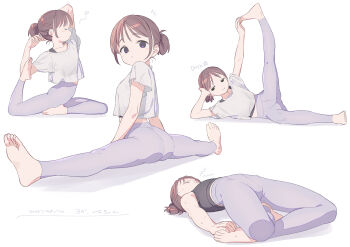 1girl absurdres ass barefoot brown_hair closed_eyes expressionless feet flat_chest full_body goshichi_shoji hands_on_feet highres looking_at_viewer multiple_views ookawa_ina original pants pigeon_pose ponytail purple_eyes shirt short_hair short_ponytail side_sitting_split smile soles stretching toes yoga yoga_pants