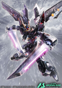 Rule 34 | anti-ship sword, beam weapon, card (medium), commentary request, company name, copyright logo, copyright name, copyright notice, dual wielding, gundam, gundam arsenal base, gundam seed, gundam seed c.e. 73: stargazer, holding, holding sword, holding weapon, hukutuuprunes, logo, mecha, mecha focus, mobile suit, no humans, official art, robot, science fiction, solo, strike noir, sword, v-fin, weapon, yellow eyes