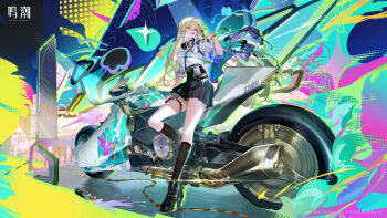 1girl absurdres ben-day_dots black_necktie black_shoes black_skirt black_socks blonde_hair blowing_bubble_gum breasts character_name chewing_gum copyright_name copyright_notice hair_between_eyes hair_ornament hand_up high-waist_skirt highres id_card logo looking_at_viewer lynae_(wuthering_waves) medium_breasts motor_vehicle motorcycle necktie official_art screentones shirt shoes skirt skull_hair_ornament socks solo sport_motorcycle thigh_strap white_shirt wuthering_waves