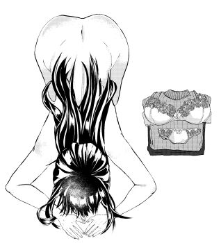 1girl akibaragan apologizing ass bra commentary_request completely_nude dogeza facing_another facing_down folded_clothes from_above greyscale highres long_hair monochrome naked_dogeza nude on_floor original panties solo underwear unworn_bra unworn_clothes unworn_panties