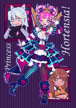 1boy 2girls absurdres aqua_pantyhose blue_hair blunt_bangs breasts brown_hair character_name cleavage cross-laced_clothes cross-laced_dress dress facial_mark fire_emblem fire_emblem_engage folded_twintails fur_wrist_cuffs goldmary_(fire_emblem) hair_flaps hair_rings heart heart_facial_mark highres hortensia_(fire_emblem) looking_at_viewer medium_breasts multicolored_hair multicolored_tiara multiple_girls nintendo open_mouth pantyhose pink_eyes pink_hair rosado_(fire_emblem) sidelocks smile solo_focus striped_clothes striped_dress tovrch trap two-tone_hair two-tone_pantyhose vertical-striped_clothes vertical-striped_dress wrist_cuffs