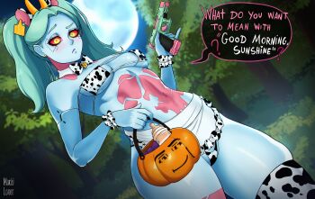 1girl absurdres aged_up animal_ears animal_print apron artist_name bikini black_bikini black_thighhighs blue_skin body_markings bow bowtie breasts closed_mouth collar colored_sclera colored_skin confused cow_ears cow_horns cow_print cow_print_bikini cow_print_thighhighs cyberpunk:_edgerunners cyberpunk_(series) cyborg detached_collar embarrassed english_text eyelashes eyepatch_bikini fake_animal_ears fake_horns feet_out_of_frame female_focus forest green_eyes green_hair gun halloween handgun hands_up highres holding holding_gun holding_weapon horns long_hair looking_afar looking_down medium_breasts mochi_lover moon multicolored_bikini nature navel night outdoors print_bikini print_thighhighs pumpkin rebecca_(cyberpunk) red_sclera solo speech_bubble standing swimsuit thick_thighs thighhighs thighs twintails two-tone_bikini two-tone_thighhighs weapon white_apron white_bikini white_collar white_thighhighs