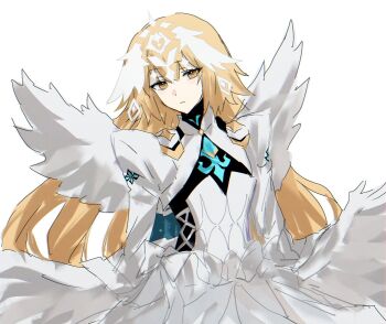 1girl angel_wings blonde_hair breasts dress fate/grand_order fate_(series) feathered_wings headpiece highres jeanne_d&#039;arc_(fate) juliet_sleeves long_hair long_sleeves looking_at_viewer medium_breasts metatron_jeanne_(fate) metatron_jeanne_(third_ascension)_(fate) multiple_wings nekwnek puffy_sleeves solo very_long_hair white_dress wings yellow_eyes