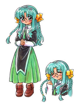 Rule 34 | 1girl, absurdres, arm warmers, black shirt, boots, bow, braid, brown boots, closed eyes, closed mouth, commentary request, cropped torso, full body, green eyes, green hair, green necktie, green skirt, hair bow, hand up, highres, interlocked fingers, kasumi (quintet), kokomahi, long hair, long skirt, looking at viewer, multiple views, necktie, official art, open mouth, own hands together, pelvic curtain, puritan collar, quintet (drama cd), school uniform, shirt, side braids, simple background, skirt, smile, standing, white arm warmers, white background, yellow bow