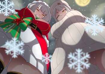 2girls antlers binsake6969 black_thighhighs breasts closed_mouth convenient_censoring dress dual_persona fake_antlers full_moon grey_sweater highres horns indie_virtual_youtuber large_breasts long_hair looking_at_viewer moon multiple_girls outdoors pointy_ears red_dress reindeer_antlers snowflakes sweater thighhighs virgin_killer_sweater virtual_youtuber yellow_eyes zentreya zentreya_(cyborg) zentreya_(jolly_zen)