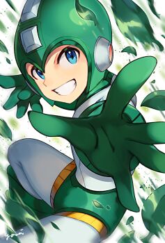 1boy blue_eyes bodysuit feet_out_of_frame foreshortening gloves green_gloves green_helmet grin helmet highres leaf looking_at_viewer male_focus mega_man_(character) mega_man_(classic) mega_man_(series) mega_man_2 reaching reaching_towards_viewer smile solo teeth white_background white_bodysuit yasaikakiage