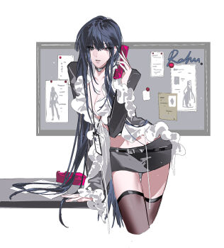 Rule 34 | 1girl, arm support, belt, bulletin board, caicaicaicai ni caicai, chinese commentary, choker, commentary request, corded phone, cowboy shot, cropped legs, highres, long hair, path to nowhere, phone, rahu (path to nowhere), skirt, solo, standing, talking on phone, thighhighs, very long hair, white background
