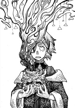 Rule 34 | 1girl, absurdres, ange katrina, ange katrina (1st costume), coat, commentary request, greyscale, hands up, hatching (texture), highres, holding, holding plant, linear hatching, looking up, medium hair, monochrome, nijisanji, off shoulder, plant, potted plant, shou-star, solo, traditional media, upper body, virtual youtuber