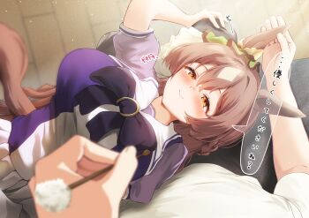 1girl 1other :&gt; absurdres animal_ears blurry blush bow bowtie breasts brown_eyes brown_hair brown_tail closed_mouth commentary_request depth_of_field ear_ornament hair_between_eyes hand_on_another&#039;s_ear highres horse_ears horse_girl horse_tail horseshoe_ornament lap_pillow large_breasts looking_at_viewer mimikaki p1_fcoyaa pov pov_hands puffy_short_sleeves puffy_sleeves purple_bow purple_bowtie sailor_collar satono_diamond_(umamusume) school_uniform short_sleeves skirt speech_bubble tail tracen_school_uniform translation_request umamusume white_sailor_collar white_skirt