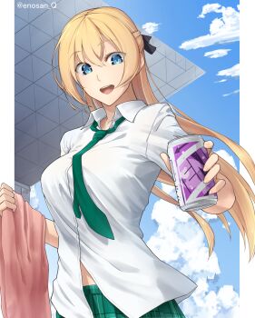 10s 1girl :d absurdres arrow_(symbol) black_ribbon blonde_hair blue_eyes blue_sky blush border breasts can cloud collared_shirt day dress_shirt drink_can enosan eyebrows eyelashes female_focus green_necktie green_skirt hair_between_eyes hair_ribbon highres holding holding_can holding_towel joukamachi_no_dandelion large_breasts long_hair looking_at_viewer necktie open_mouth outside_border pillarboxed plaid_clothes plaid_skirt ribbon sakurada_hikari shirt short_sleeves skirt sky smile soda_can solo towel twitter_username upper_body white_border white_shirt
