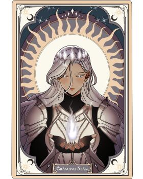 Rule 34 | 1girl, absurdres, armor, black gloves, breastplate, burning, card, catphine, commentary, crown, english commentary, fingerless gloves, fire, gloves, grey eyes, highres, long hair, looking at viewer, magic, nephis (shadow slave), own hands together, shadow slave, shoulder armor, solo, sun behind head, tarot, tarot card, upper body, wavy hair, white hair