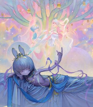 3girls animal_ears barefoot bell blue_hair closed_eyes cloud commentary_request convenient_censoring dress expressionless flat_chest floating head_rest highres kaede_(shijie_heping) lying multiple_girls on_side open_mouth original pink_hair rabbit_ears red_eyes ribbon short_hair skinny smile tree twintails white_hair