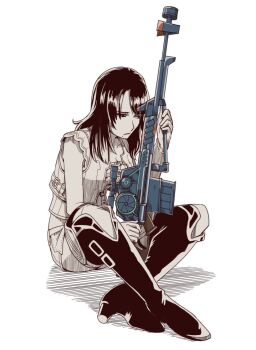 1girl black_hair breasts cleavage closed_mouth crop_top full_body gloves greyscale long_hair medium_breasts mole mole_under_mouth monochrome sharla_(xenoblade) short_shorts shorts simple_background solo spot_color thighhighs white_background xenoblade_chronicles_(series) xenoblade_chronicles_1 yamayamag1