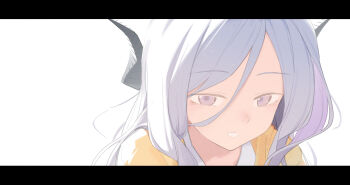 1girl absurdres blue_archive close-up demon_horns highres hina_(blue_archive) hina_(pajamas)_(blue_archive) horns looking_at_viewer nijiko_uro pajamas simple_background solo white_background white_hair