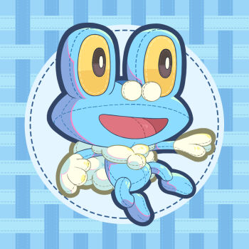 Rule 34 | blue background, colored sclera, commentary, commentary request, english commentary, froakie, full body, gen 6 pokemon, mixed-language commentary, nintendo, no humans, objectification, open mouth, pluto.m, pokemon, pokemon (creature), seams, solo, stuffed toy, yellow sclera
