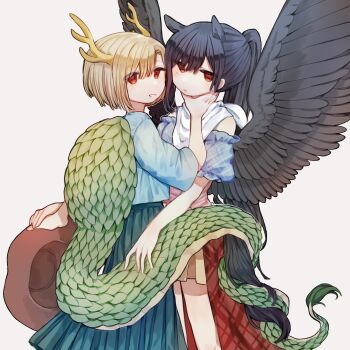 animal_ears antlers bandana black_hair black_wings blonde_hair blue_bow blue_shirt bow brown_hat cowboy_hat cropped_legs dragon_tail feathered_wings green_skirt hand_around_neck hand_on_another_tail hat highres holding holding_unworn_clothes holding_unworn_hat horns horse_ears horse_tail kicchou_yachie kurokoma_saki long_hair off-shoulder_shirt off_shoulder pegasus_wings red_eyes shirt short_sleeves simple_background skirt tail tail_wrap touhou unworn_hat unworn_headwear white_background white_bandana wings yuejinlin yuri