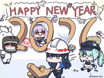 2026 4girls animal_costume aqua_eyes aqua_hair aqua_halo arius_squad_(blue_archive) atsuko's_grin_(meme) atsuko_(blue_archive) black_hair blue_archive blue_eyes blue_hair blue_halo brown_hair chibi chibi_only chinese_zodiac colored_inner_hair commentary english_commentary hair_over_one_eye halo happy_new_year hard_hat helmet highres hiyori_(blue_archive) horse_costume long_hair meme misaki_(blue_archive) multicolored_hair multiple_girls new_year purple_hair red_eyes sanmon_illus saori_(blue_archive) short_hair side_ponytail year_of_the_horse