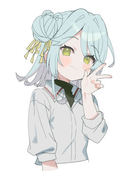 Rule 34 | 1girl, blue hair, blush, closed mouth, collared shirt, copyright request, cropped torso, dress shirt, fang, fang out, green eyes, grey shirt, hair bun, hair intakes, hair ribbon, hand up, highres, long sleeves, looking at viewer, meito (maze), puffy long sleeves, puffy sleeves, ribbon, shirt, simple background, single side bun, smile, solo, upper body, w, white background, yellow ribbon
