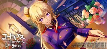 1girl blonde_hair breasts code_geass code_geass:_lost_stories highres large_breasts leila_malcal long_hair official_art purple_eyes smile solo