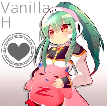 1girl blush character_name closed_mouth cowboy_shot dress drill_hair expressionless galaxy_angel gradient_background green_hair hair_between_eyes hair_ornament highres holding long_hair long_sleeves looking_at_viewer military_uniform monocle monocle_chain new_yorker_(togawa_hamasaki) normad ponytail red_eyes sidelocks simple_background solo stuffed_animal stuffed_toy vanilla_h