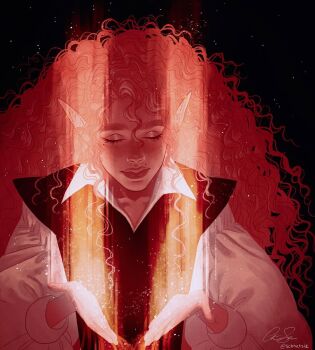 Rule 34 | 1boy, arcanegold, black background, black vest, closed eyes, closed mouth, collared shirt, colored skin, commentary, crack of light, curly hair, dungeons &amp; dragons, ear piercing, elf, english commentary, eyelashes, fantasy, gold piercing, highres, implied cuntboy, light particles, long hair, long sleeves, mole, mole above mouth, mole under eye, open hands, original, piercing, pink hair, pink skin, pointy ears, puffy long sleeves, puffy sleeves, shirt, signature, thick eyebrows, thick lips, underlighting, upper body, very long hair, vest, wesley (arcanegold), white shirt